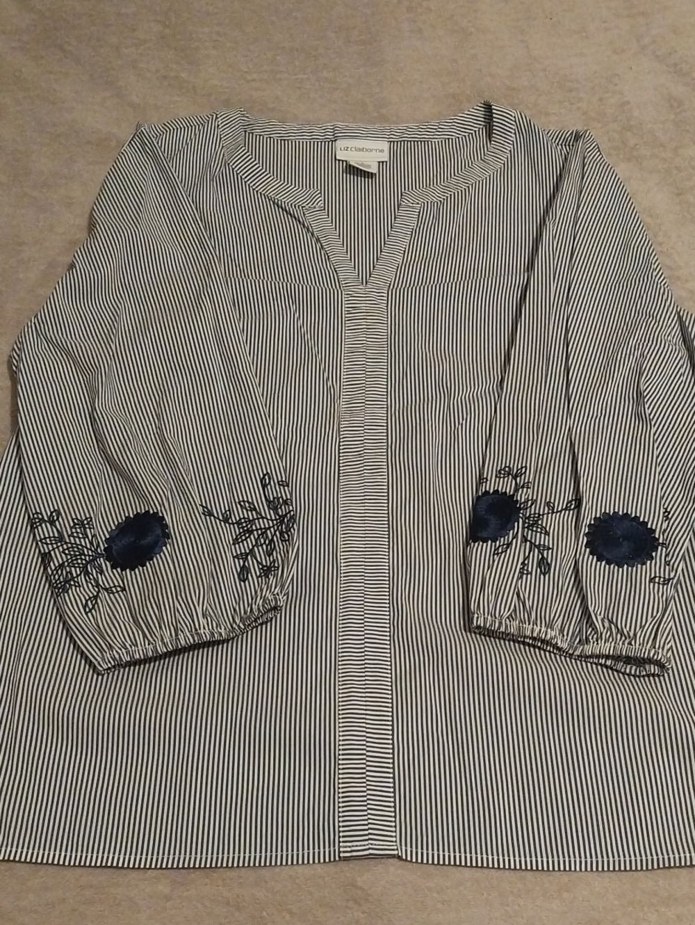 Liz Claiborne Navy & White Pinstripe Tunic with Embroidered Sleeves